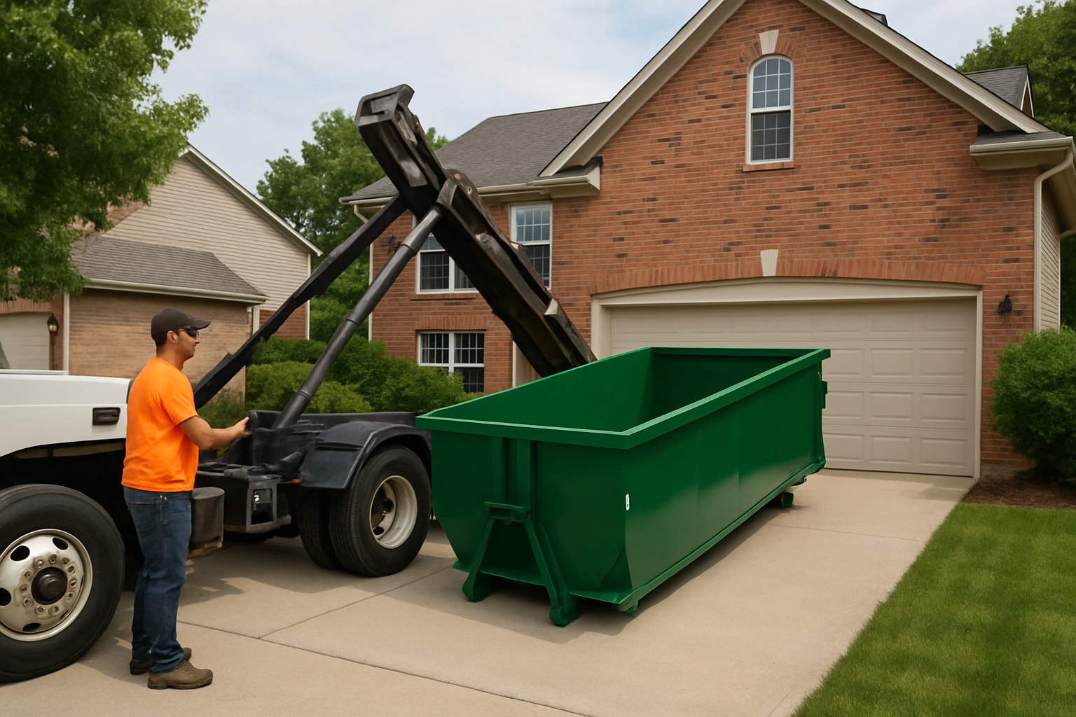 Roll off dumpster being delivered to a residential driveway